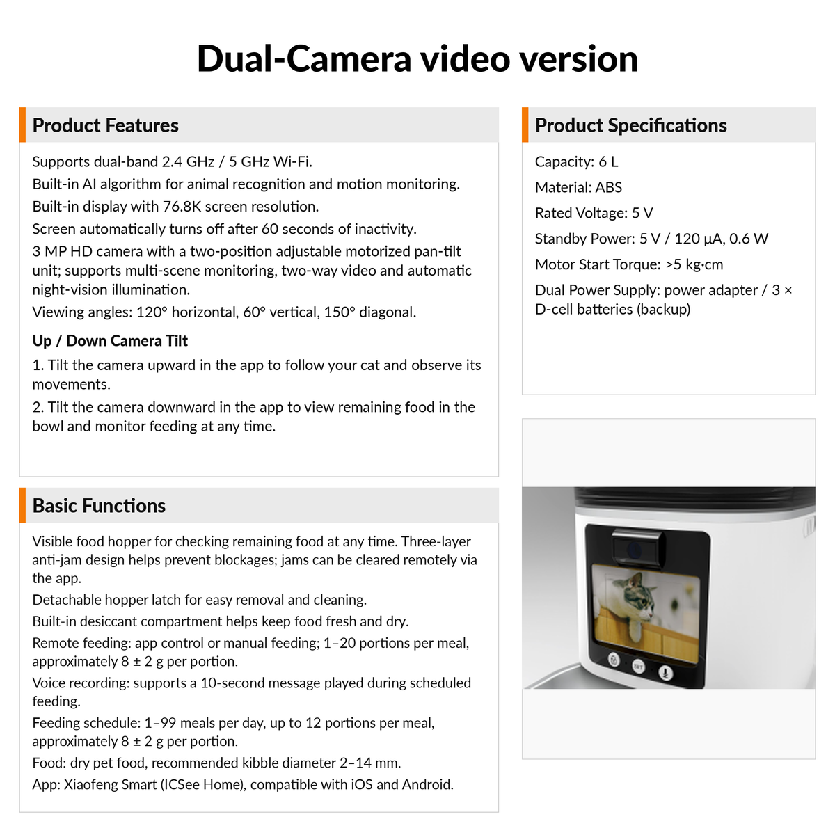 Automatic Cat Feeder with Pan Tilt Camera and Video Screen for Cats and Dogs