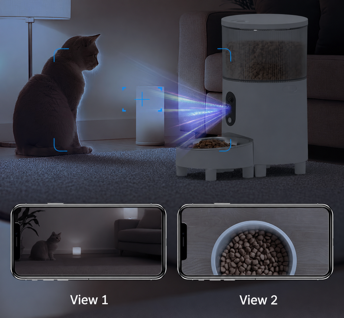 Dual Camera Automatic Pet Feeder with ABS Hopper and App Timed Feeding for Cats