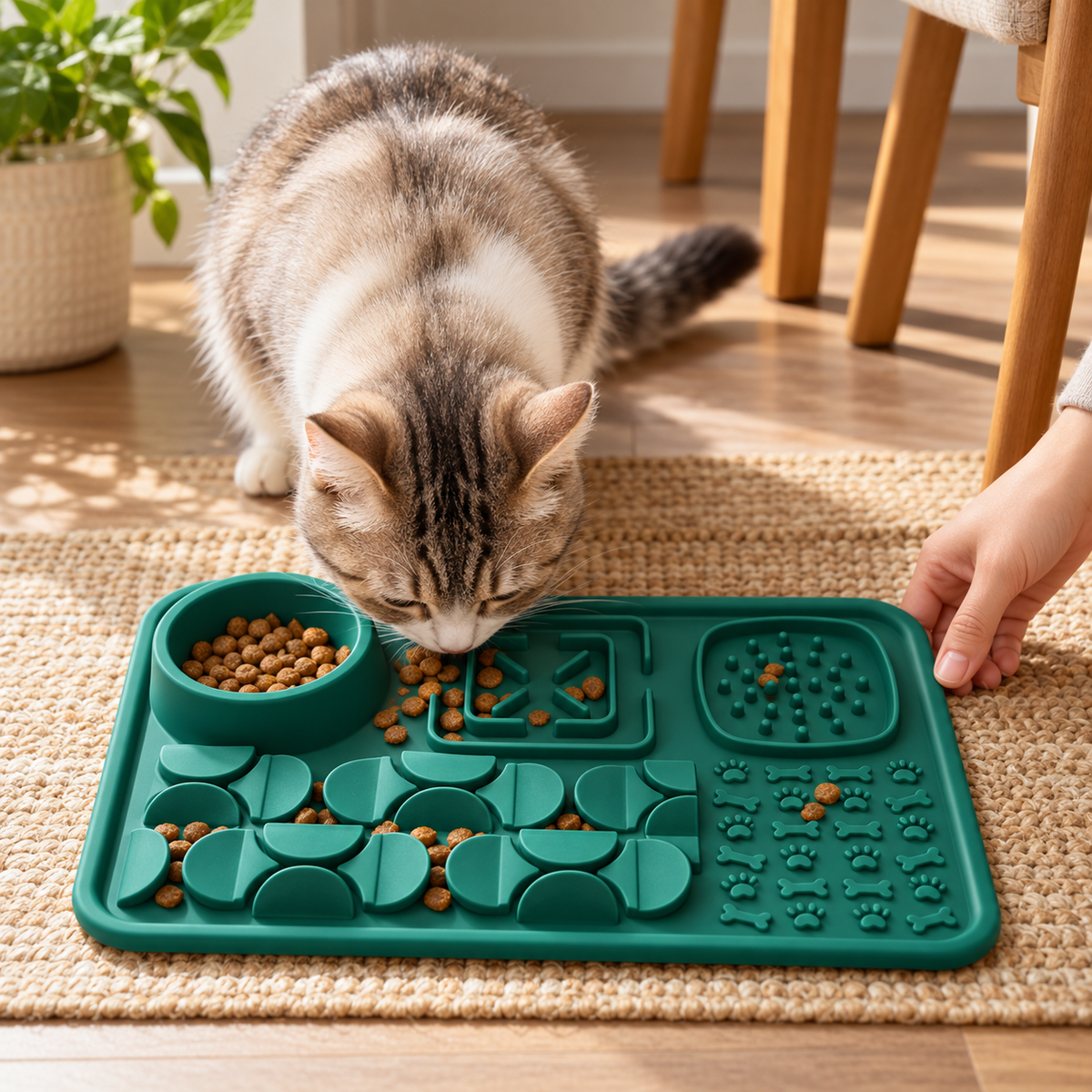Multi-Zone Silicone Slow Feeder Lick Mat with Snuffle Grid and Water Bowl for Cats
