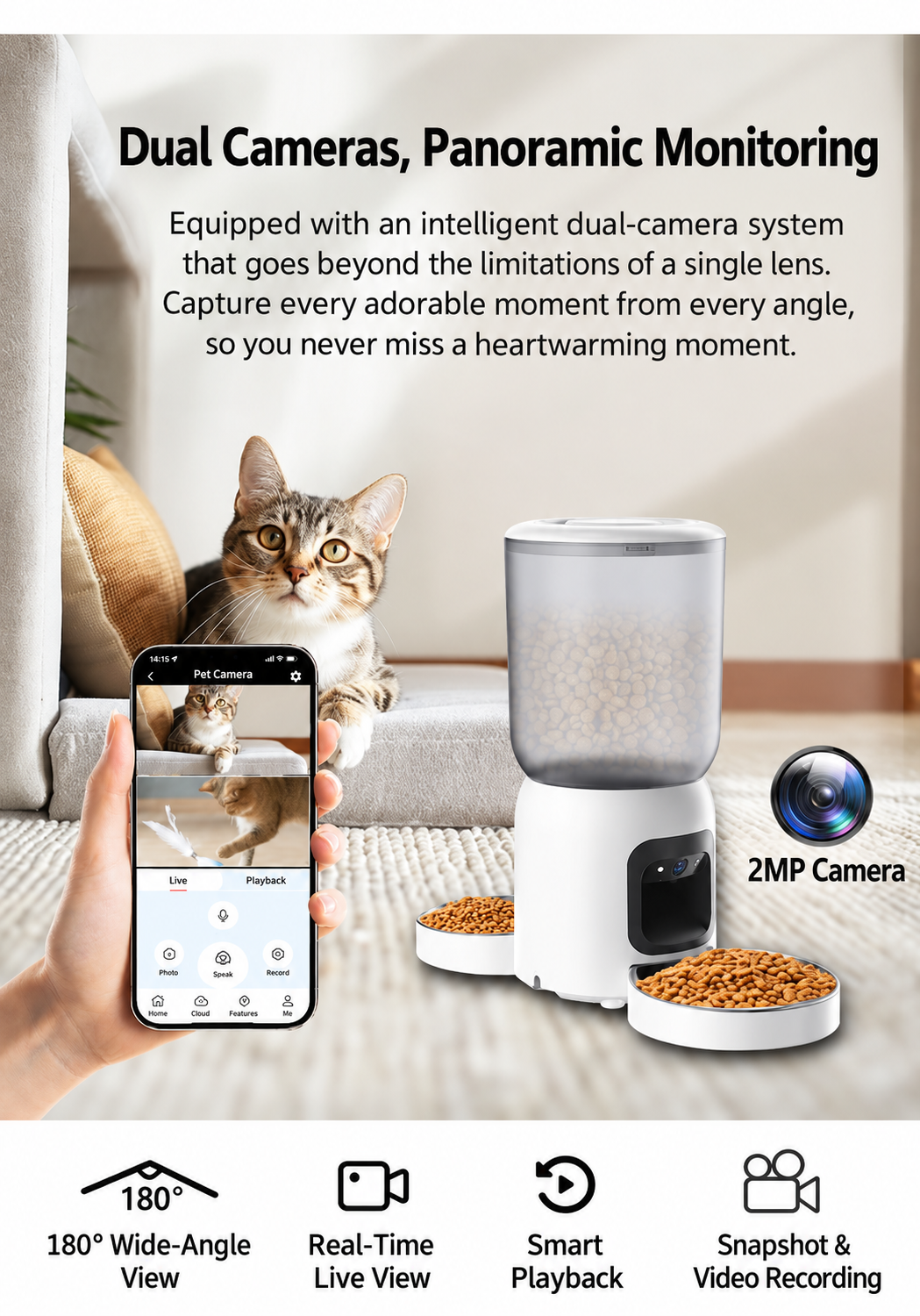 Dual Bowl Smart Pet Feeder with Dual Cameras for Two Cats and Dogs WiFi App Control