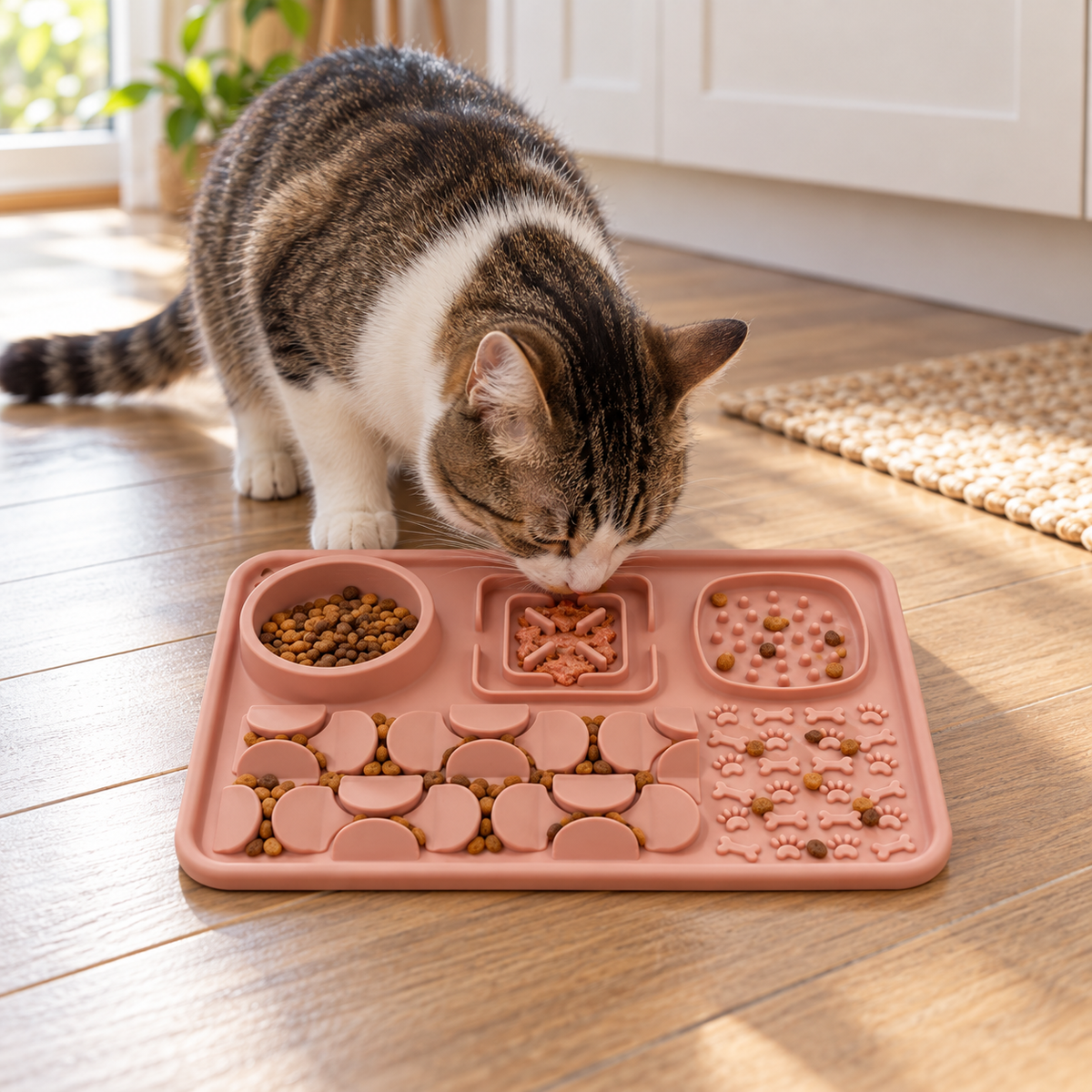 Multi-Zone Silicone Slow Feeder Lick Mat with Snuffle Grid and Water Bowl for Cats