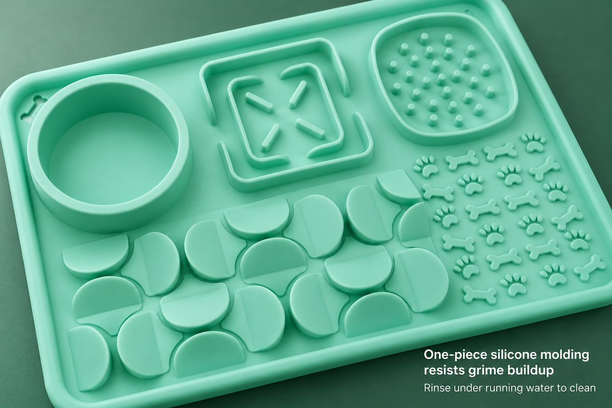 Multi-Zone Silicone Slow Feeder Lick Mat with Snuffle Grid and Water Bowl for Cats