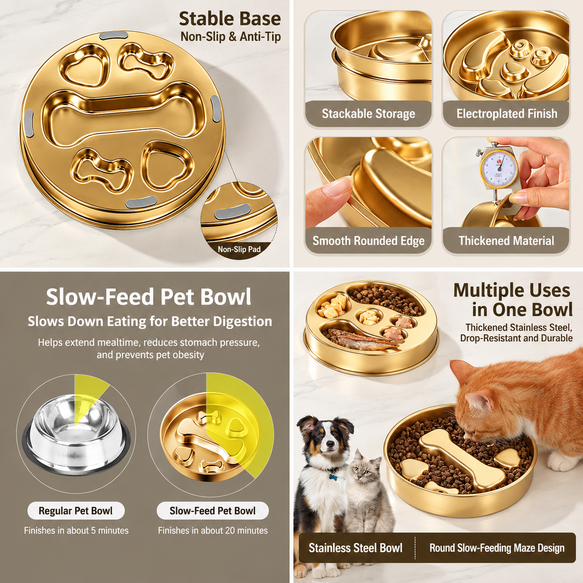 22.1 cm Stainless Steel Slow Feeder Dog Bowl with Gold PVD and Lick Plate