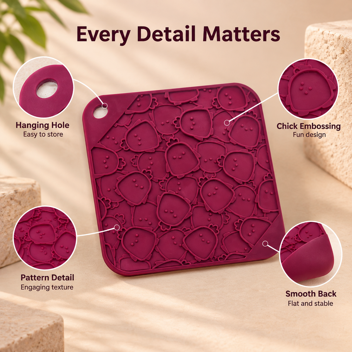 Chicken Embossed Silicone Lick Mat Slow Feeder for Dogs and Cats 195 mm Square