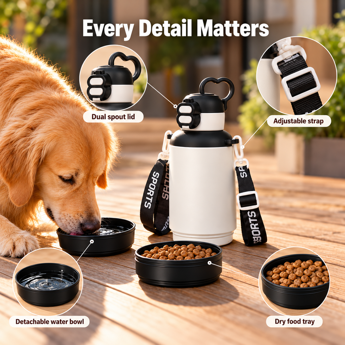 Botella de agua térmica para perros de 32 oz con bebedero y comedero desmontables para senderismo