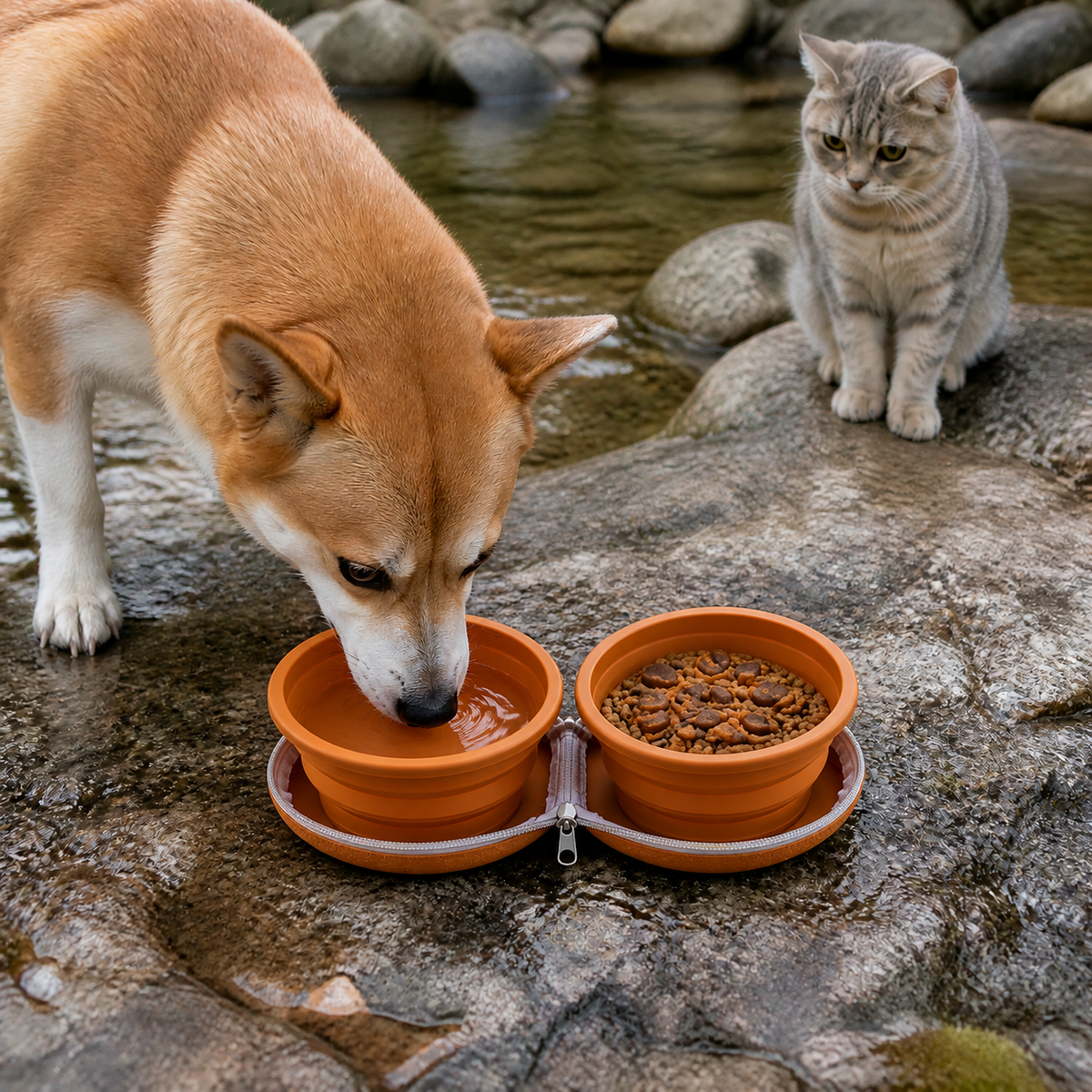 Collapsible Silicone Dog Travel Bowl Set with Zipper Case and Dual Food Bowls