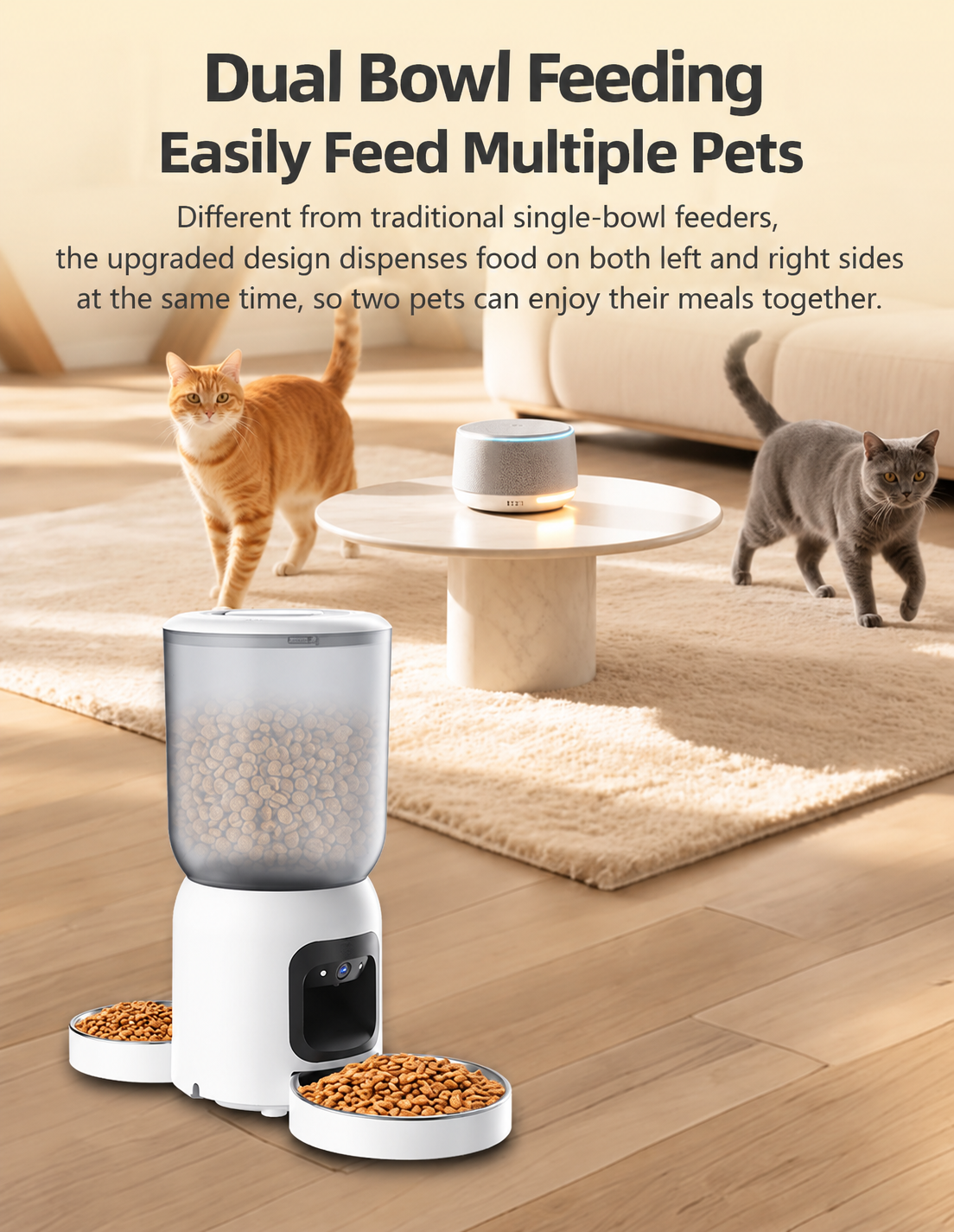 Dual Bowl Smart Pet Feeder with Dual Cameras for Two Cats and Dogs WiFi App Control
