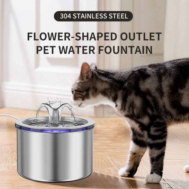 2.2L (74 oz) Stainless Steel Cat Water Fountain with Flower Spray and Dual Power Supply