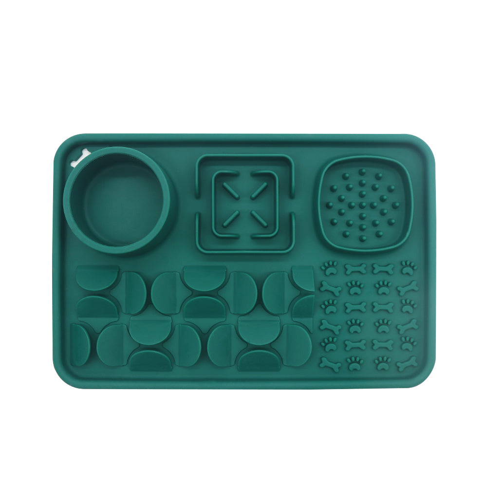 Multi-Zone Silicone Slow Feeder Lick Mat with Snuffle Grid and Water Bowl for Cats