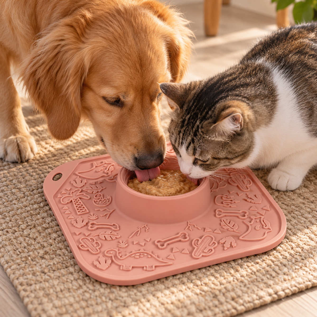 Volcano Dinosaur Silicone Lick Mat with Central Slow-Feed Bowl for Dogs and Cats