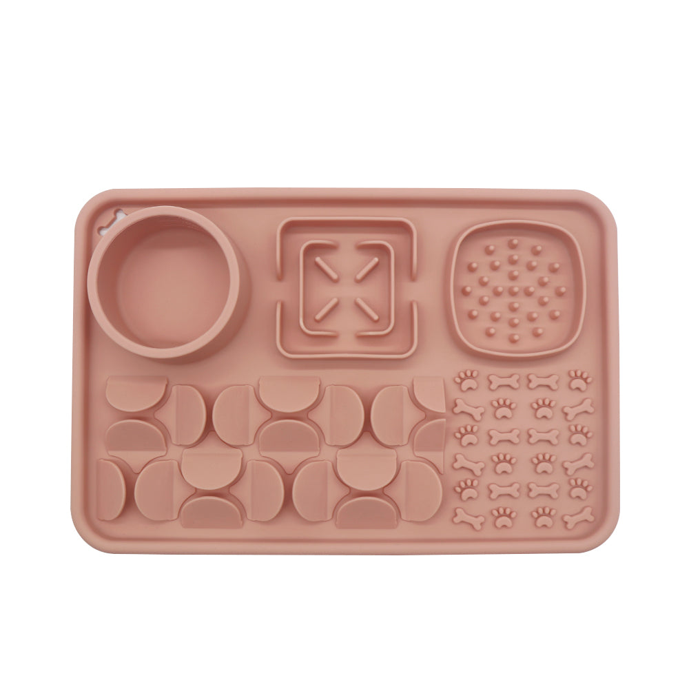 Multi-Zone Silicone Slow Feeder Lick Mat with Snuffle Grid and Water Bowl for Cats