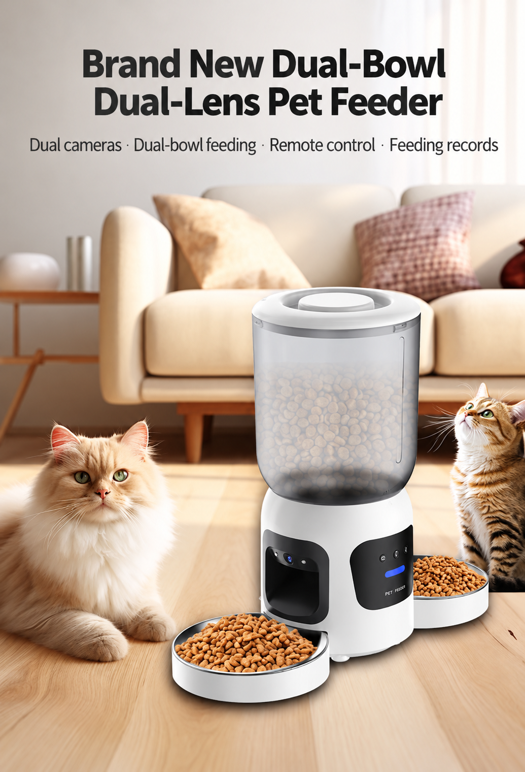 Dual Bowl Smart Pet Feeder with Dual Cameras for Two Cats and Dogs WiFi App Control
