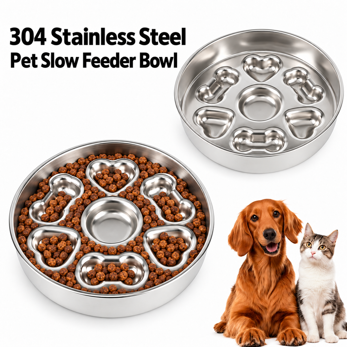 25 cm Stainless Steel Slow Feeder Dog Bowl with Bone and Heart Pockets