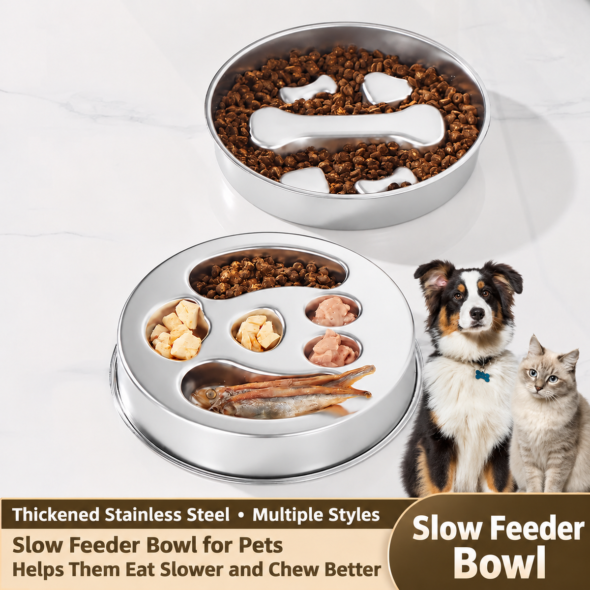 304 Stainless Steel Slow Feeder Dog Bowl with Double-Sided Snack Tray