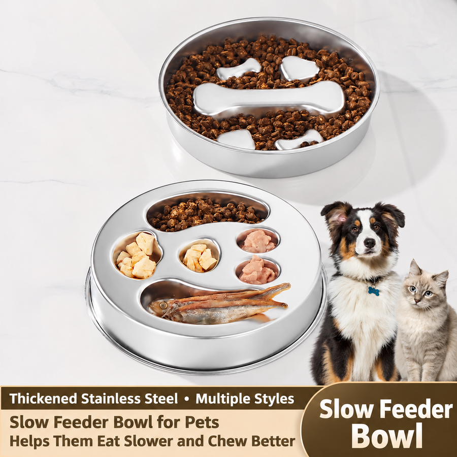 304 Stainless Steel Slow Feeder Dog Bowl with Double-Sided Snack Tray