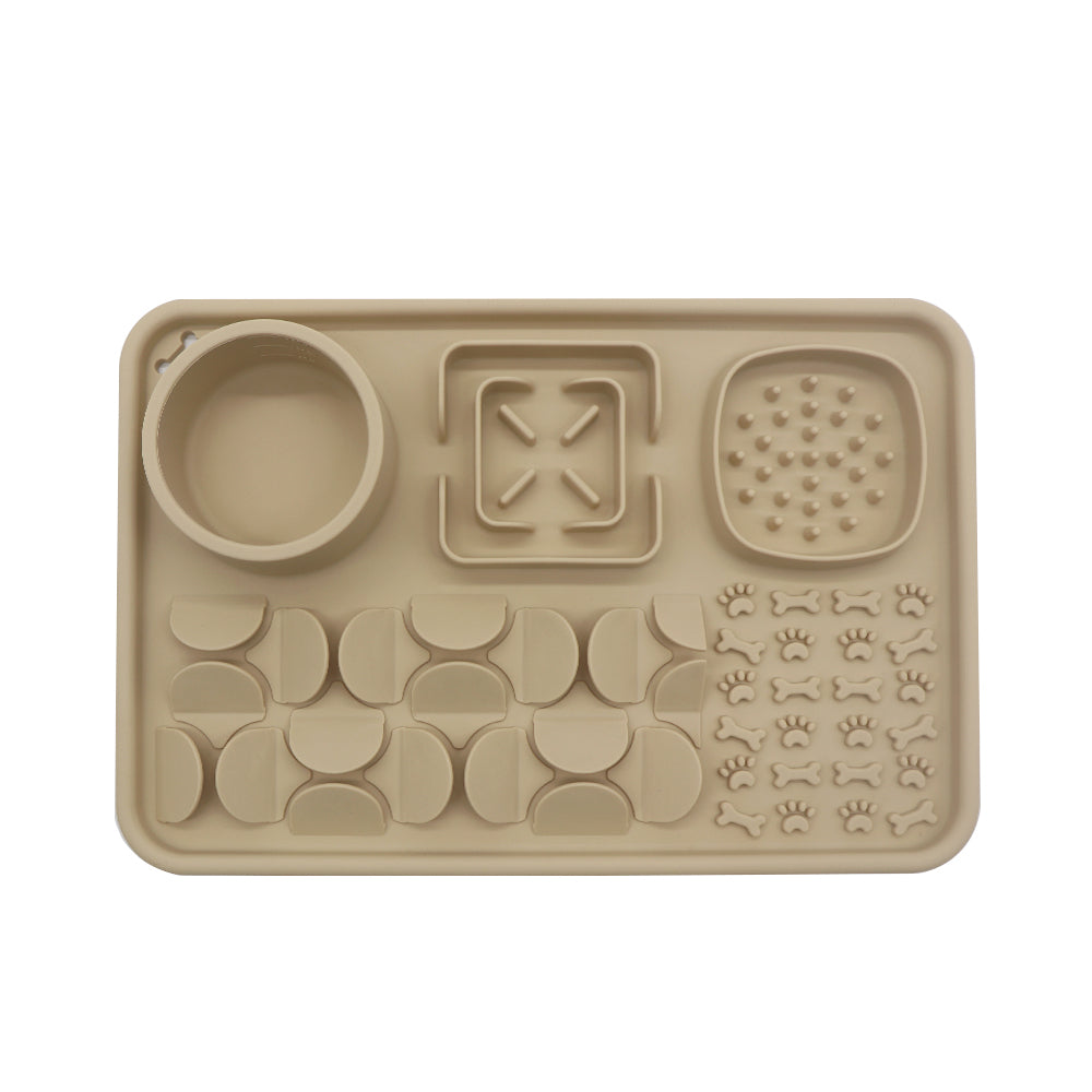 Multi-Zone Silicone Slow Feeder Lick Mat with Snuffle Grid and Water Bowl for Cats
