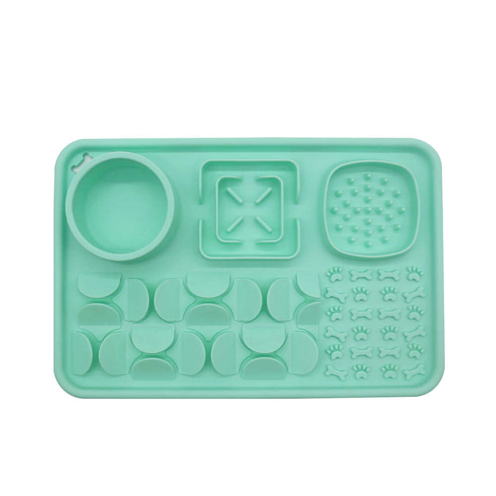 Multi-Zone Silicone Slow Feeder Lick Mat with Snuffle Grid and Water Bowl for Cats