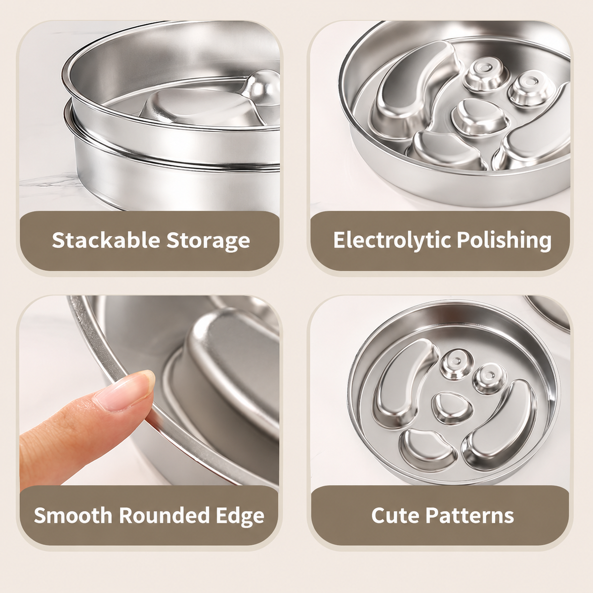 304 Stainless Steel Slow Feeder Dog Bowl with Double-Sided Snack Tray