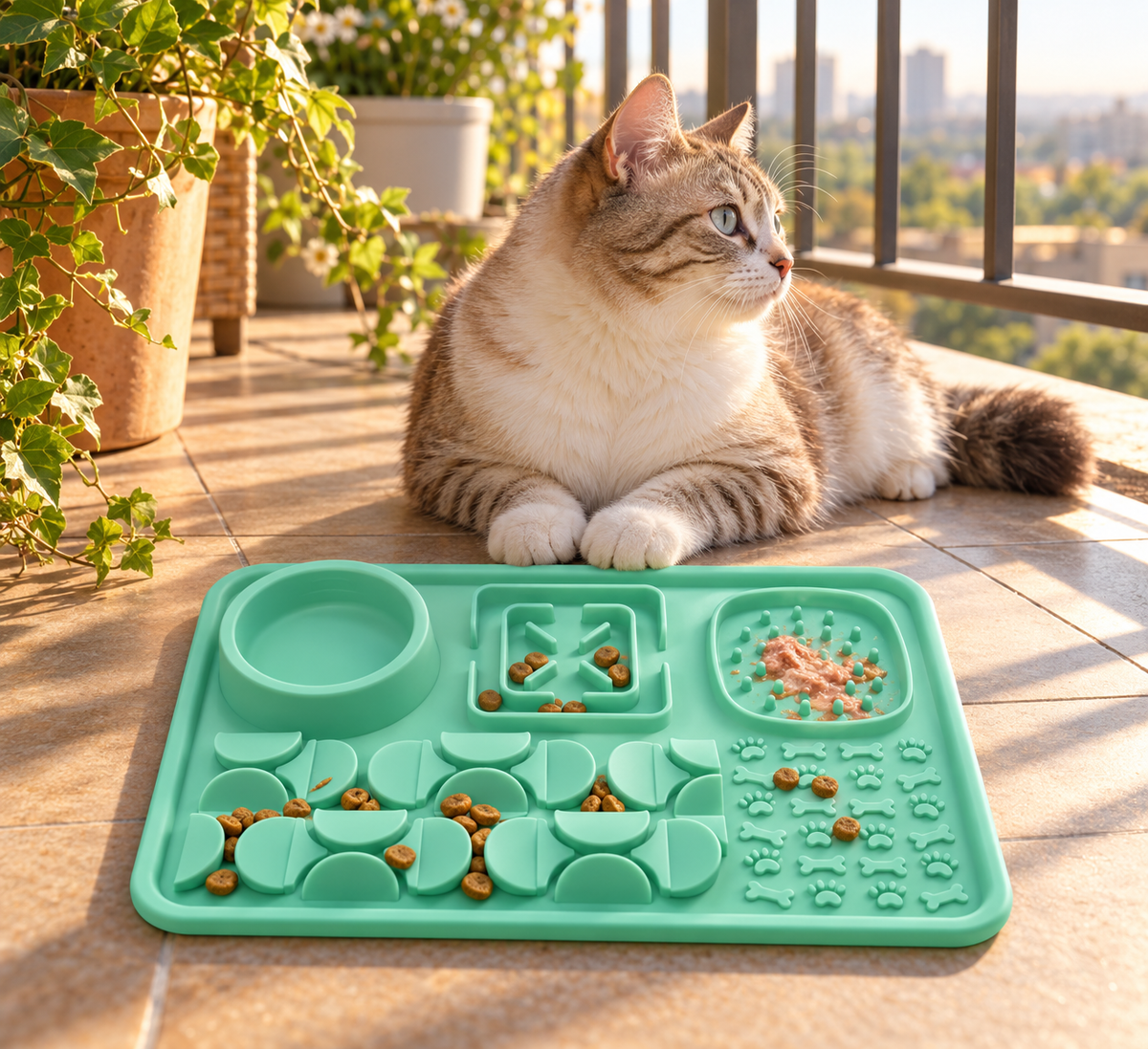 Multi-Zone Silicone Slow Feeder Lick Mat with Snuffle Grid and Water Bowl for Cats