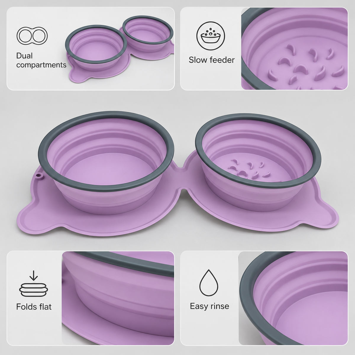 Comedero doble plegable de silicona con sistema de alimentación lenta para gatos y perros