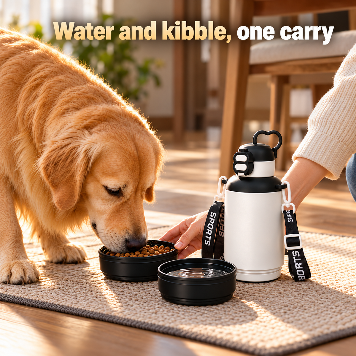 Botella de agua térmica para perros de 32 oz con bebedero y comedero desmontables para senderismo