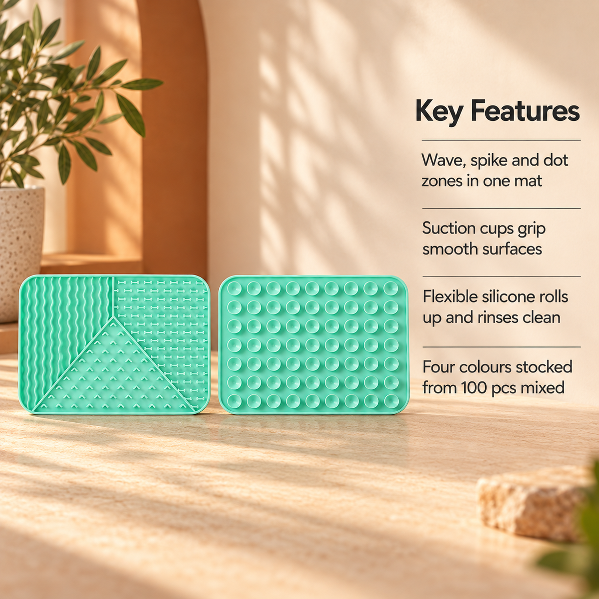 Rectangular 3-Section Textured Silicone Lick Mat with Suction Base for Dogs and Cats