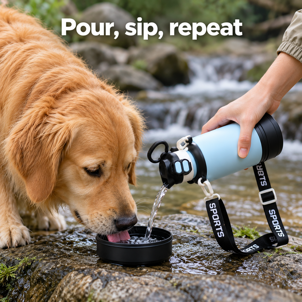 Botella de agua térmica para perros de 32 oz con bebedero y comedero desmontables para senderismo