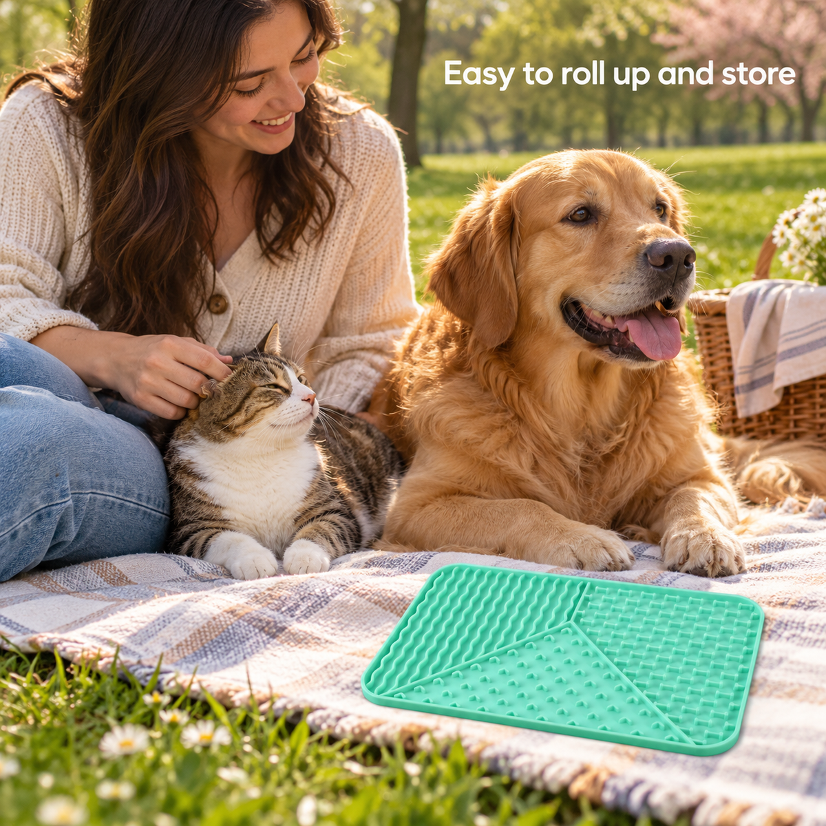 Rectangular 3-Section Textured Silicone Lick Mat with Suction Base for Dogs and Cats