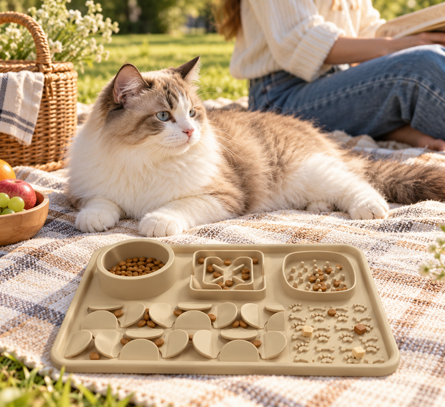 Multi-Zone Silicone Slow Feeder Lick Mat with Snuffle Grid and Water Bowl for Cats