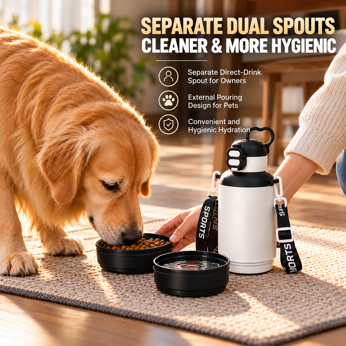 Botella de agua térmica para perros de 32 oz con bebedero y comedero desmontables para senderismo
