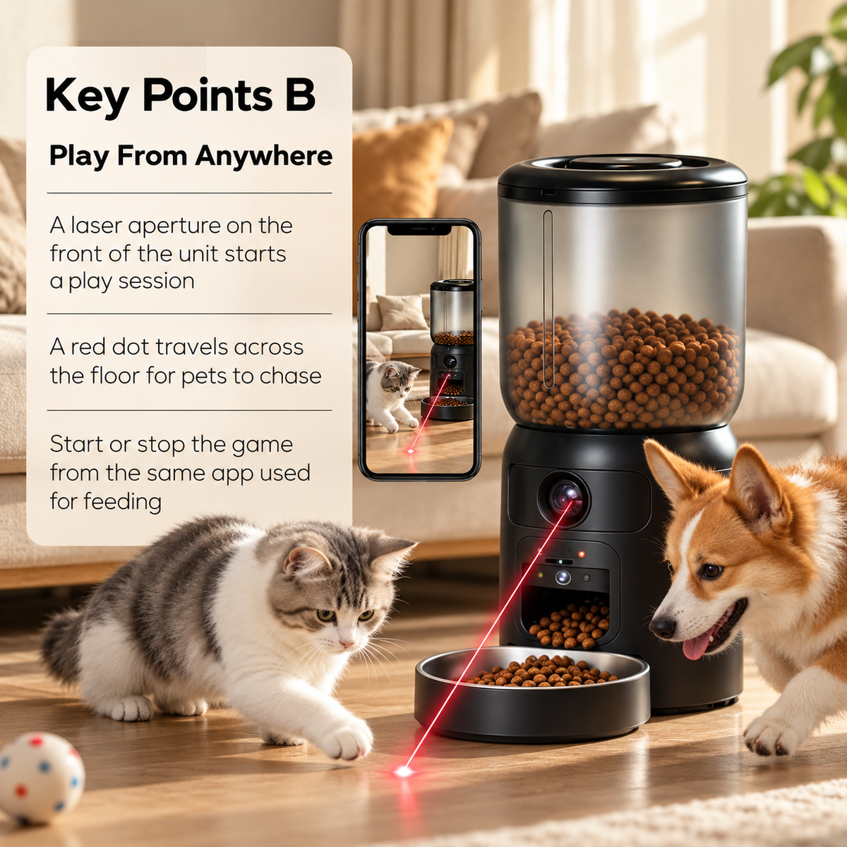 Comedero inteligente para mascotas de 6 L con cámaras 2K duales, juguete láser y control por aplicación para gatos y perros