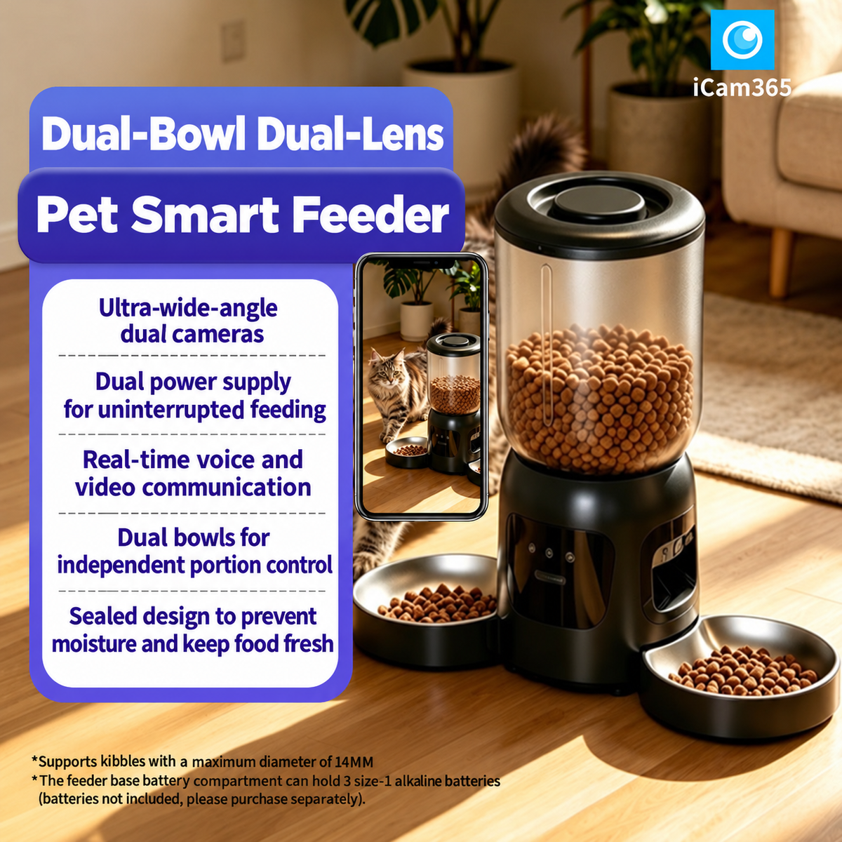 Dual Bowl Smart Pet Feeder with Dual Cameras for Two Cats and Dogs WiFi App Control