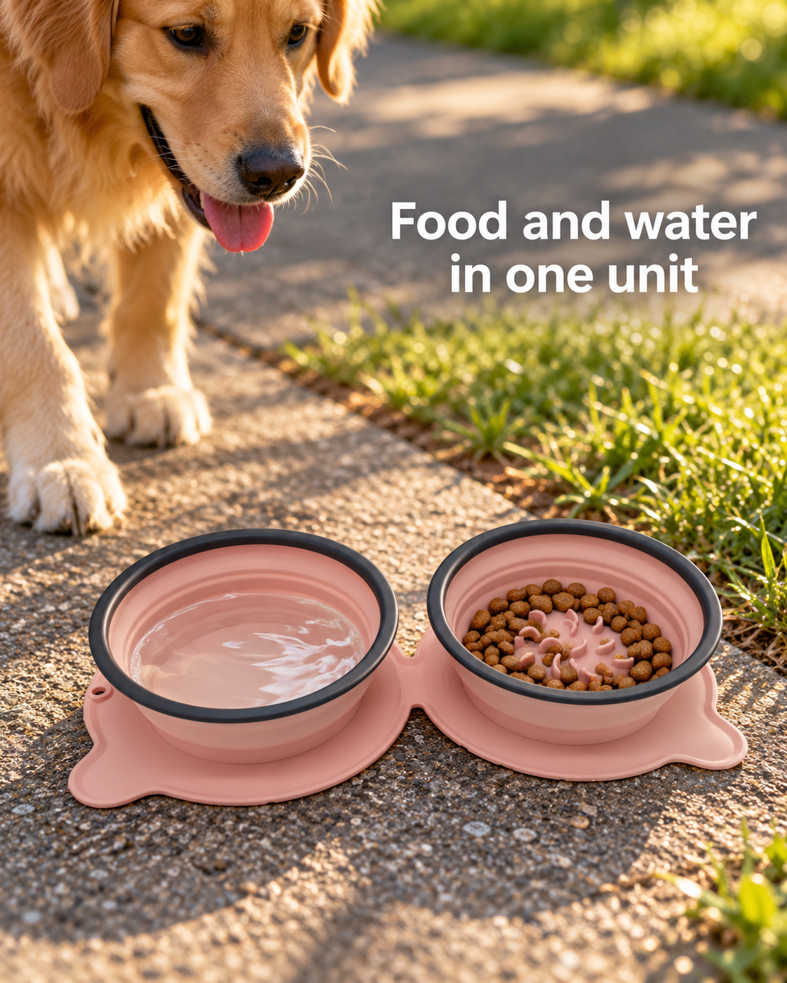 Comedero doble plegable de silicona con sistema de alimentación lenta para gatos y perros
