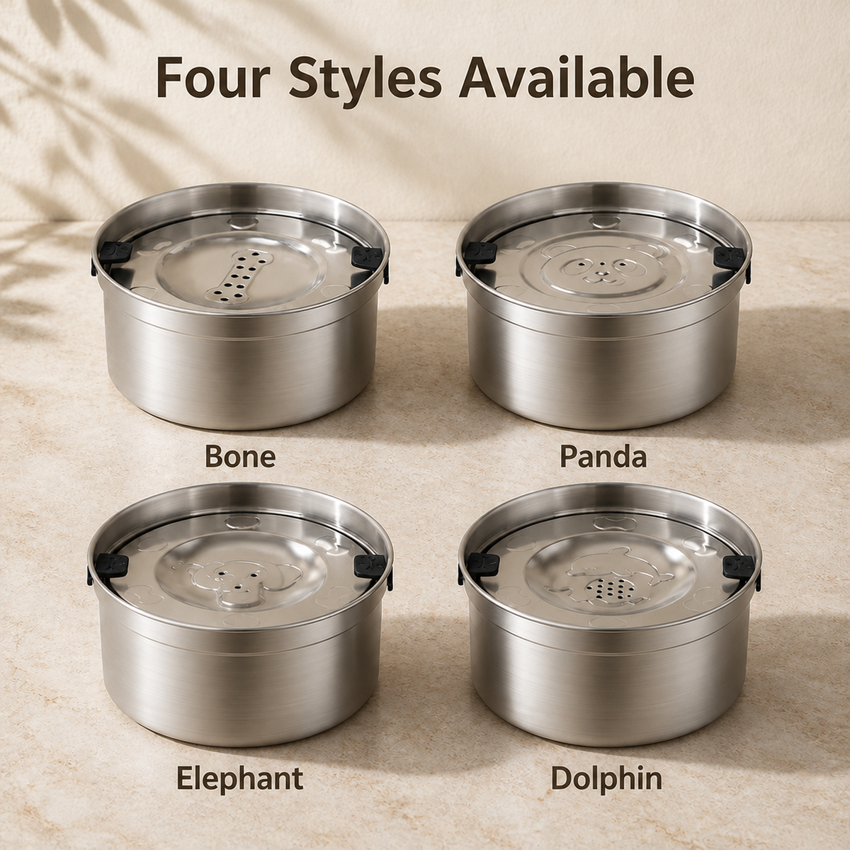 No Spill Dog Water Bowl 3.2L Stainless Steel with Floating Disk and 4 Animal Lids
