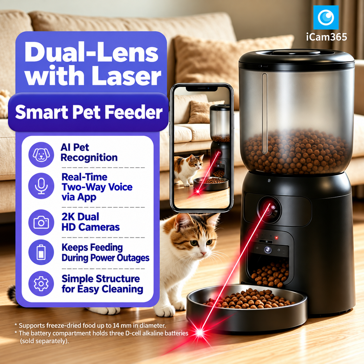 Comedero inteligente para mascotas de 6 L con cámaras 2K duales, juguete láser y control por aplicación para gatos y perros