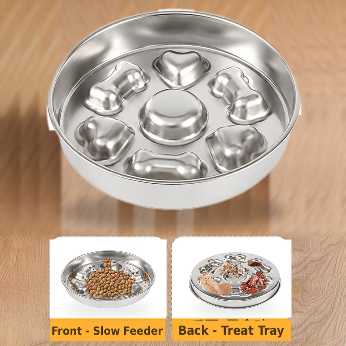 25 cm Stainless Steel Slow Feeder Dog Bowl with Bone and Heart Pockets