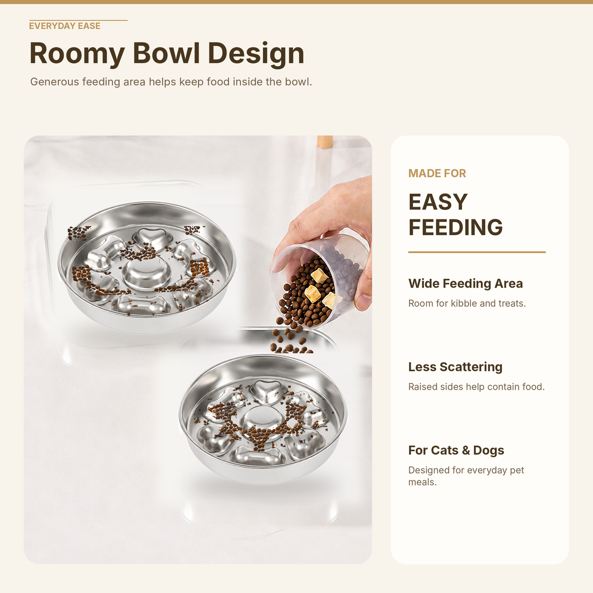 25 cm Stainless Steel Slow Feeder Dog Bowl with Bone and Heart Pockets