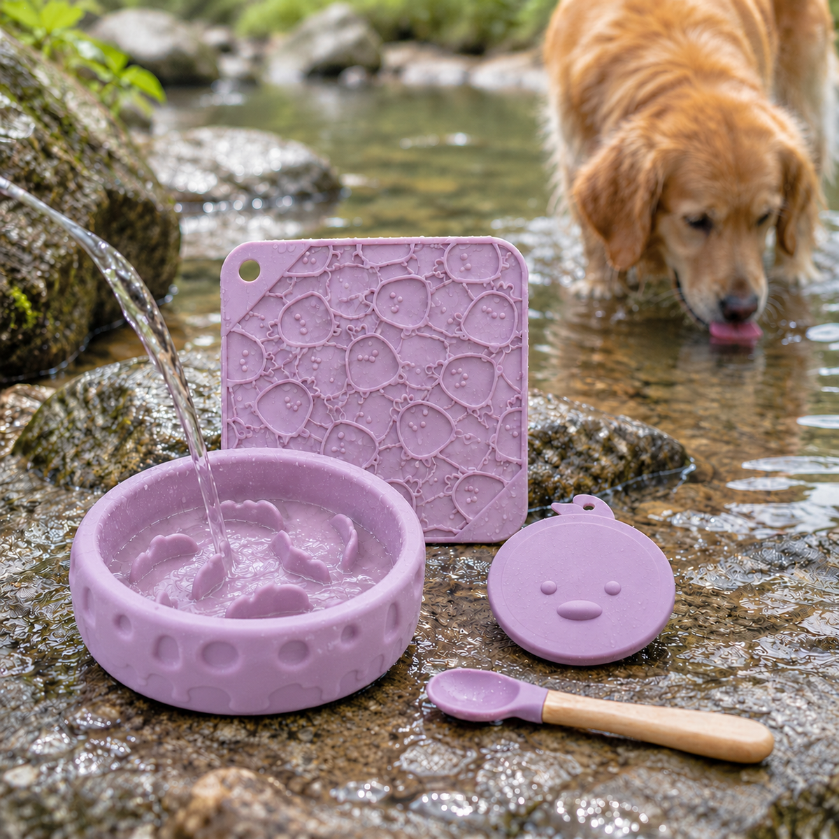 Juego de Comederos Lentos de Silicona para Perros con Tapas de Alfombrilla Lamedora y Cuchara