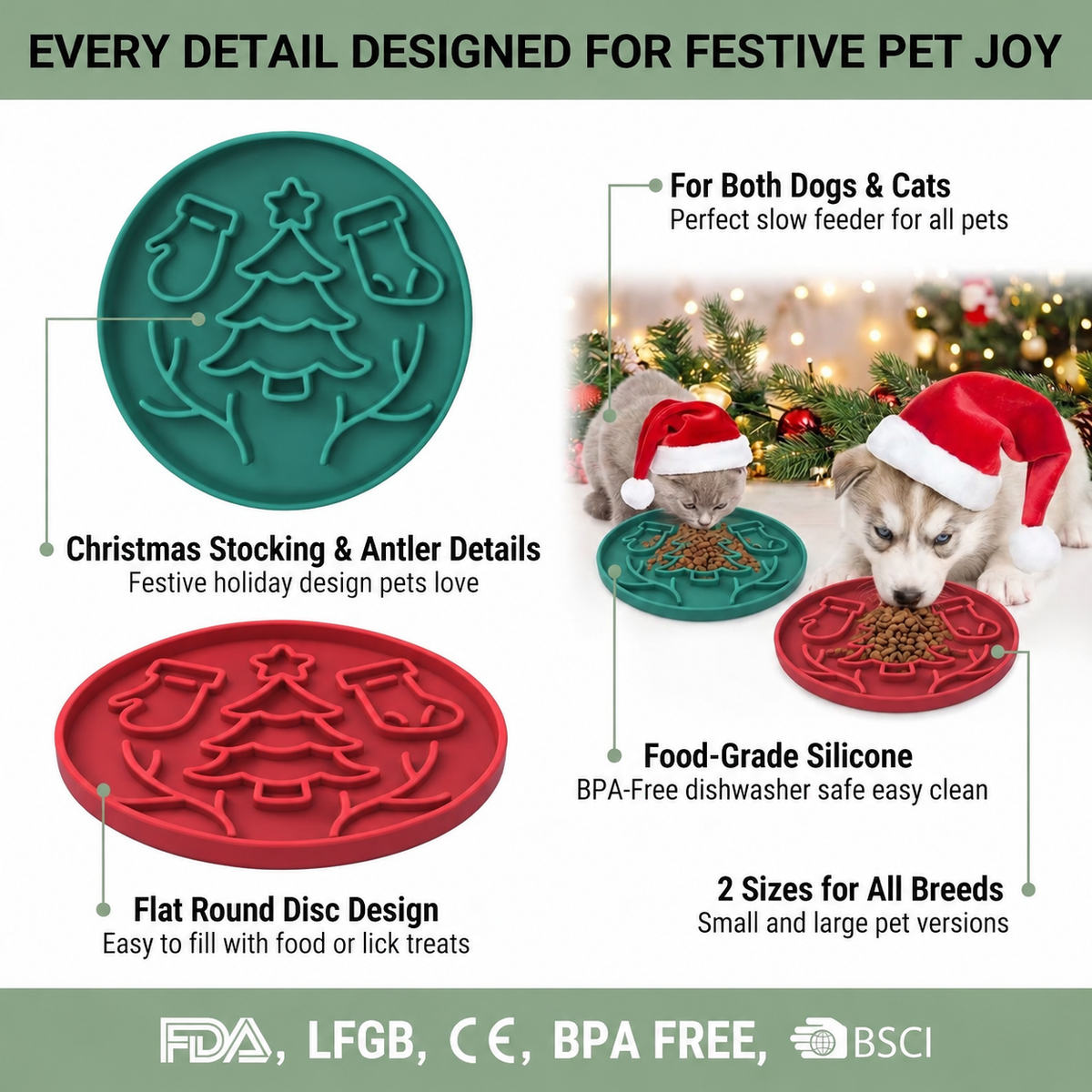Christmas Silicone Slow Feeder Plate with Tree and Stocking Pattern