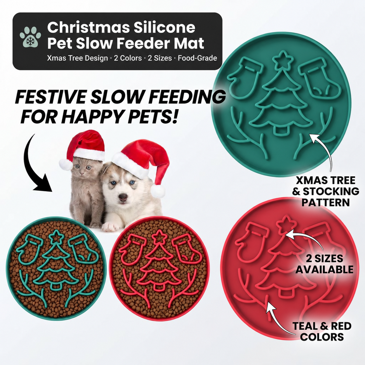 Christmas Silicone Slow Feeder Plate with Tree and Stocking Pattern