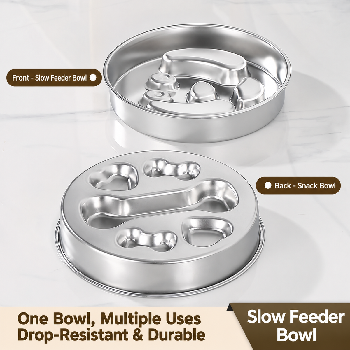 304 Stainless Steel Slow Feeder Dog Bowl with Double-Sided Snack Tray