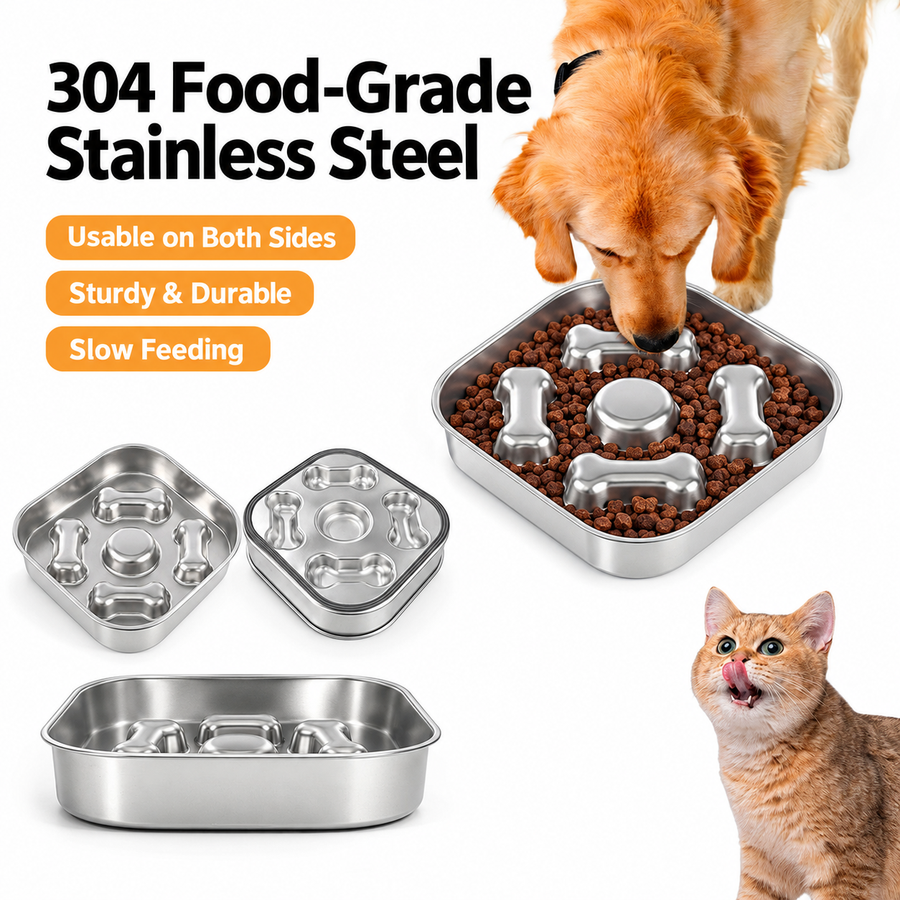 22 cm Bone Design Square Slow Feeder Dog Bowl, 304 Stainless Steel