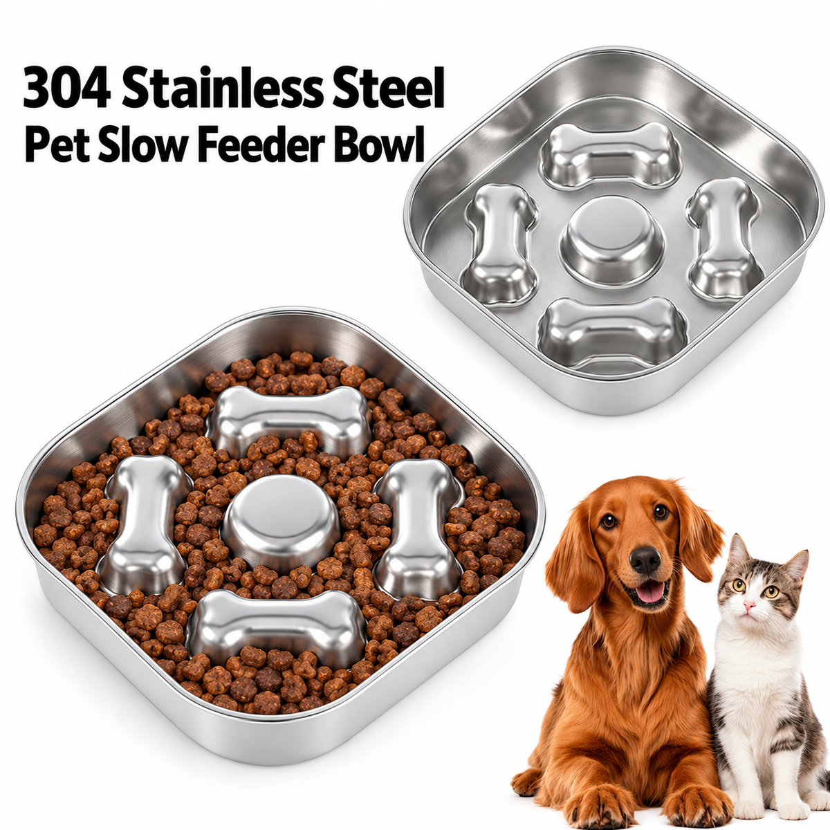 22 cm Bone Design Square Slow Feeder Dog Bowl, 304 Stainless Steel
