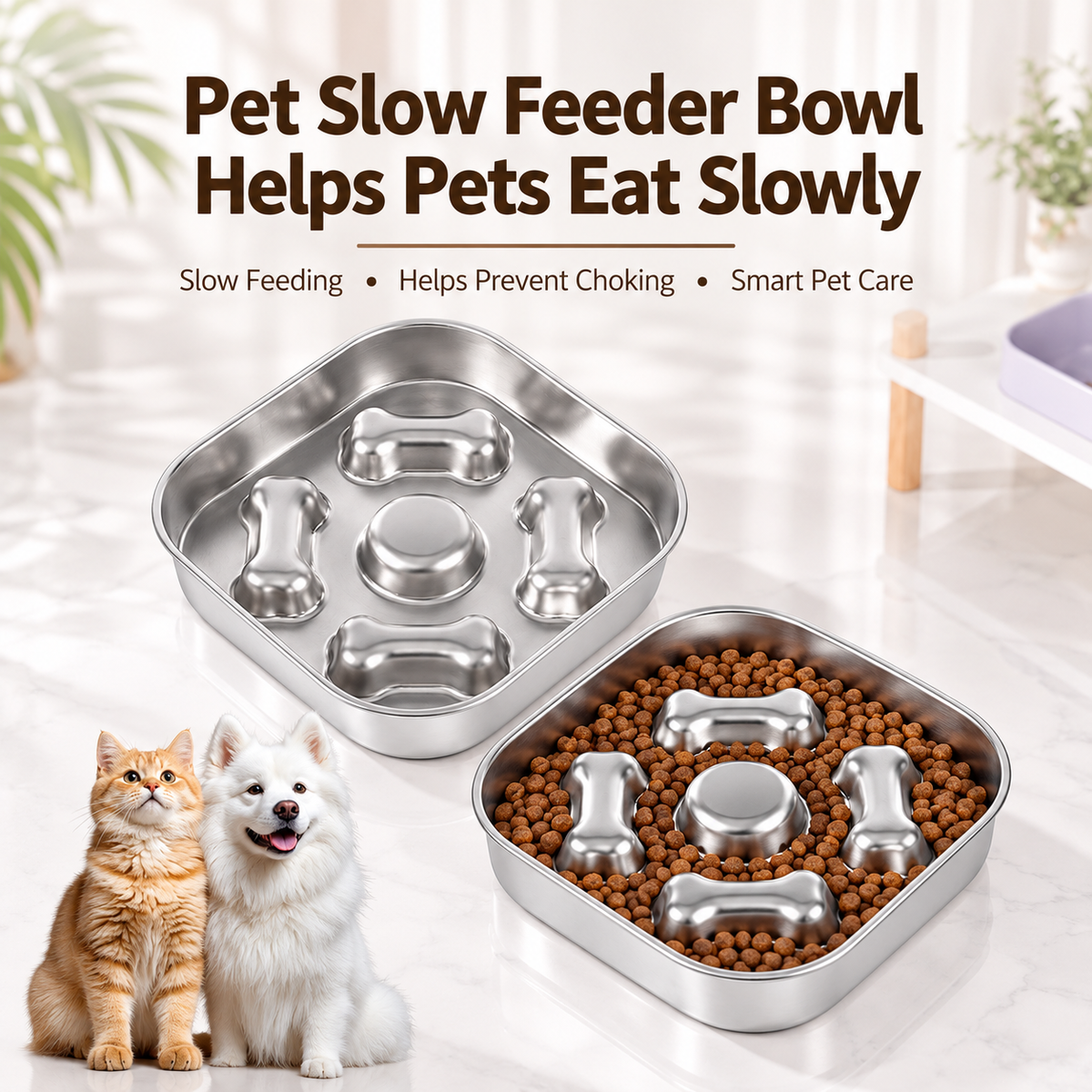 22 cm Bone Design Square Slow Feeder Dog Bowl, 304 Stainless Steel