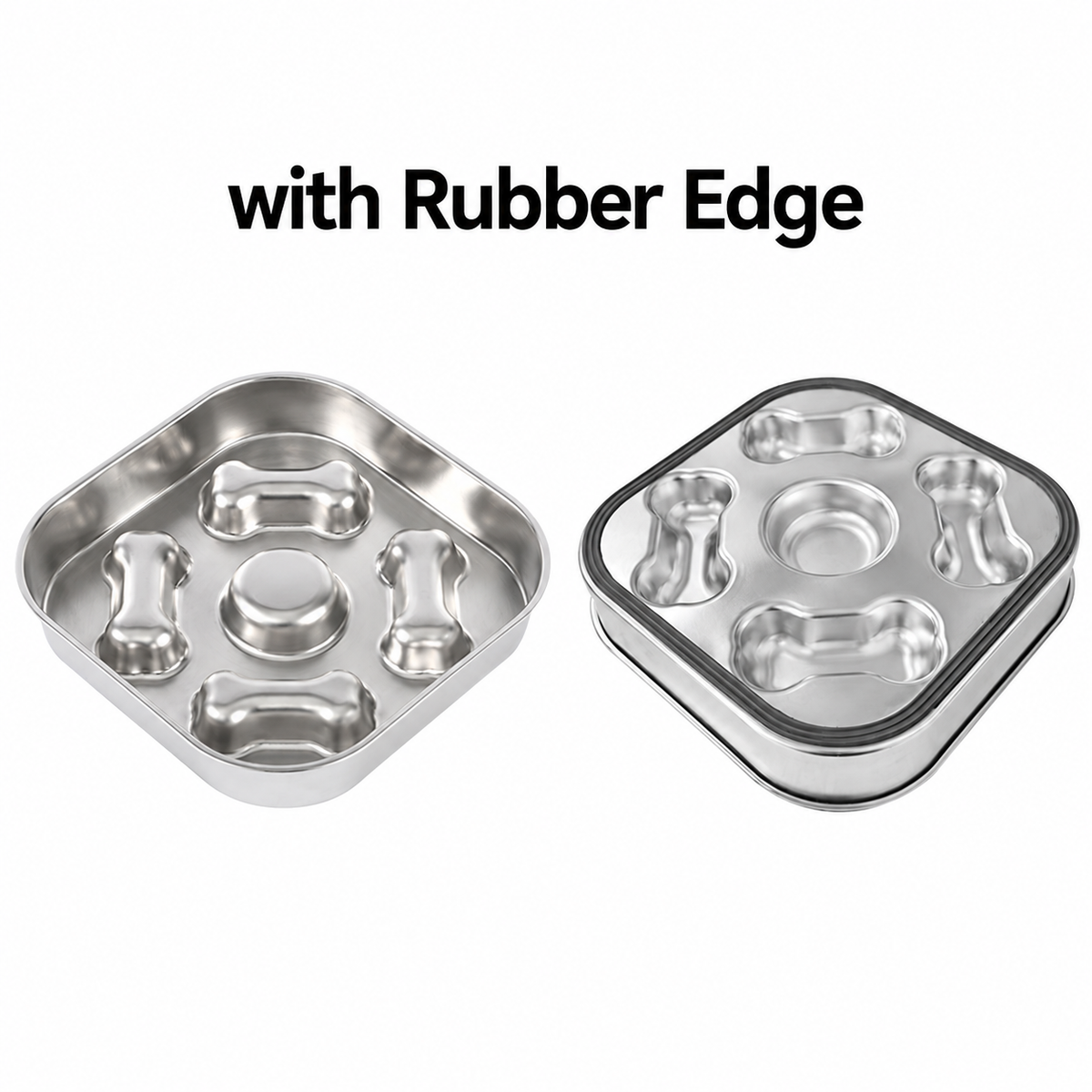 22 cm Bone Design Square Slow Feeder Dog Bowl, 304 Stainless Steel