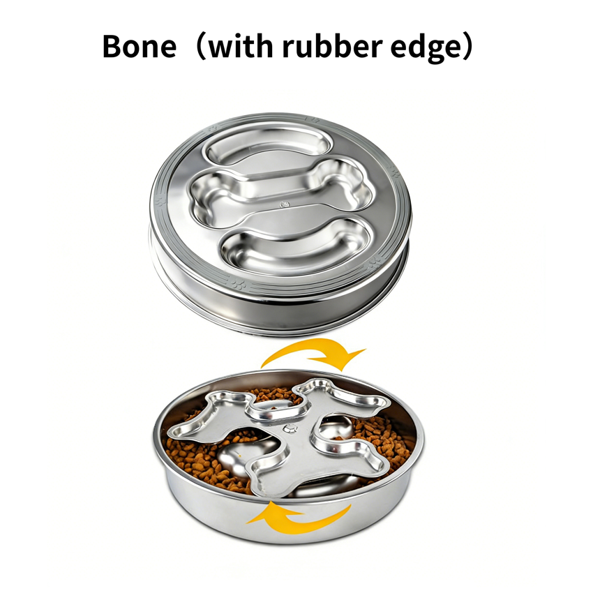 Comedero lento de acero inoxidable de 25 cm para perros con inserto giratorio de hueso y corazón