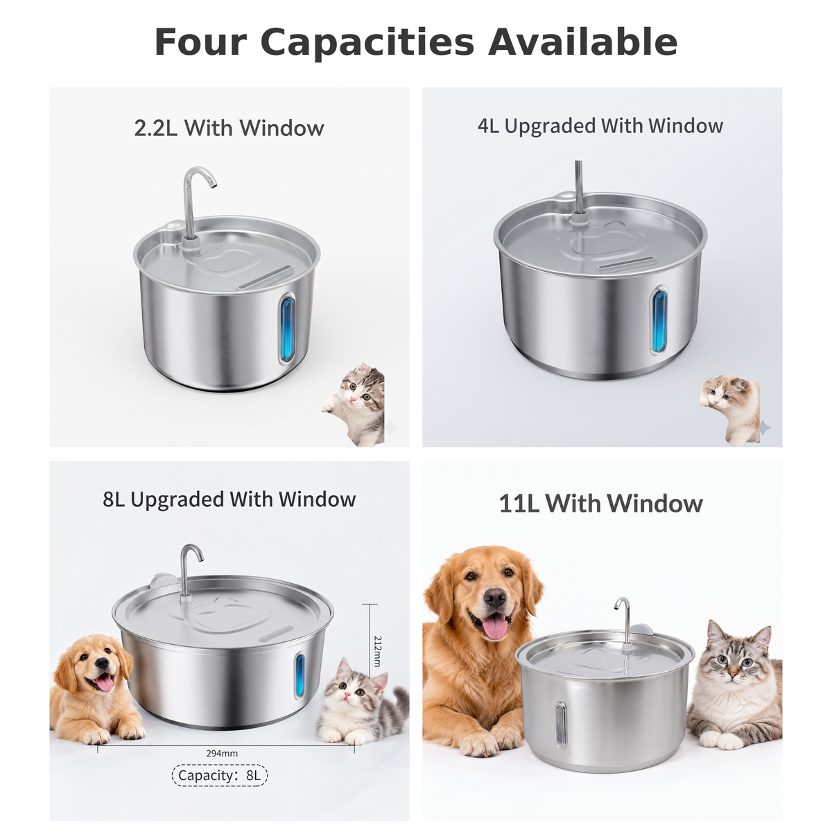 11L/ 8L/ 4L/ 2.2L/ Stainless Steel Pet Water Fountain with Faucet Spout for Large Dogs