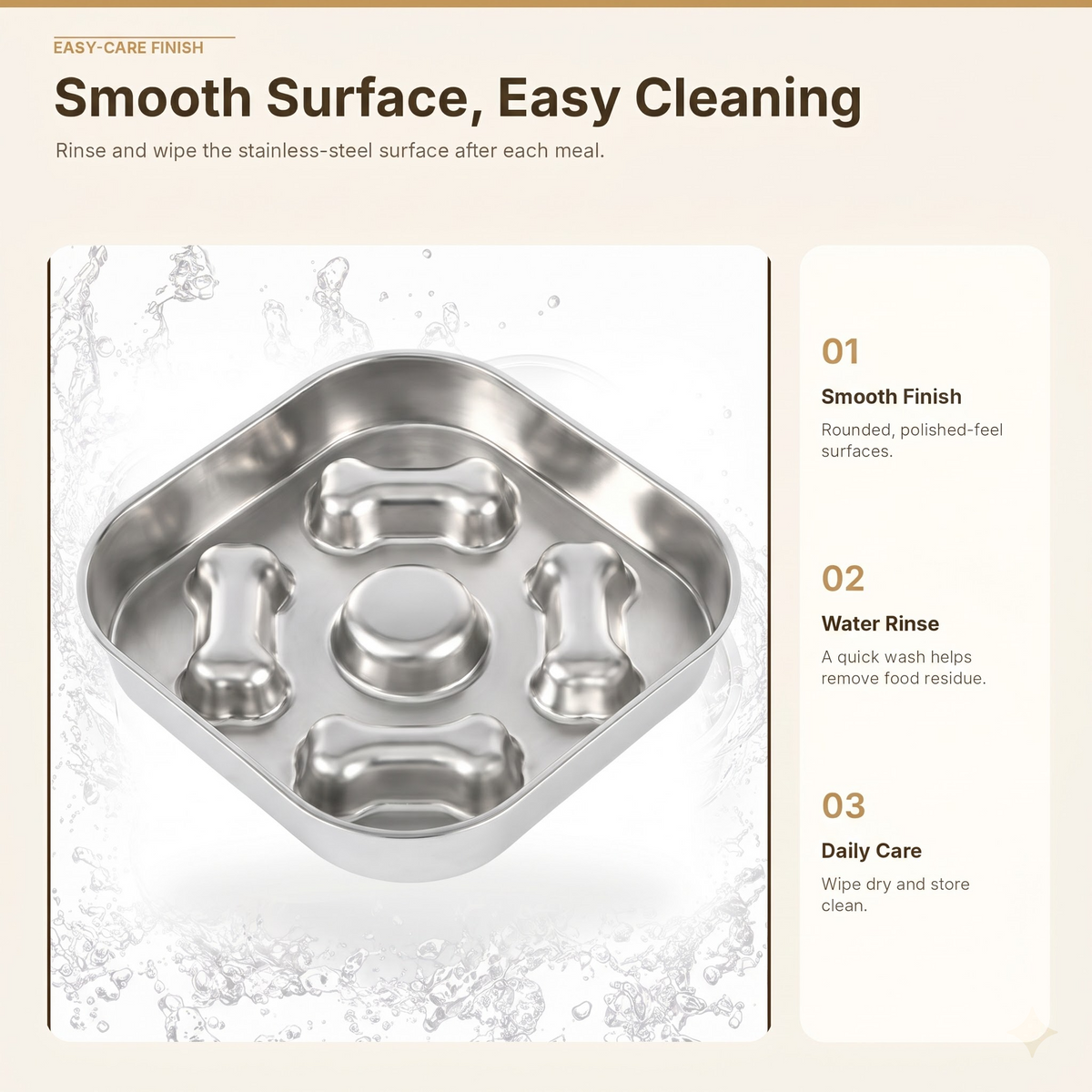 22 cm Bone Design Square Slow Feeder Dog Bowl, 304 Stainless Steel