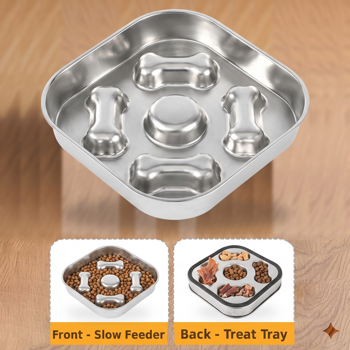 22 cm Bone Design Square Slow Feeder Dog Bowl, 304 Stainless Steel