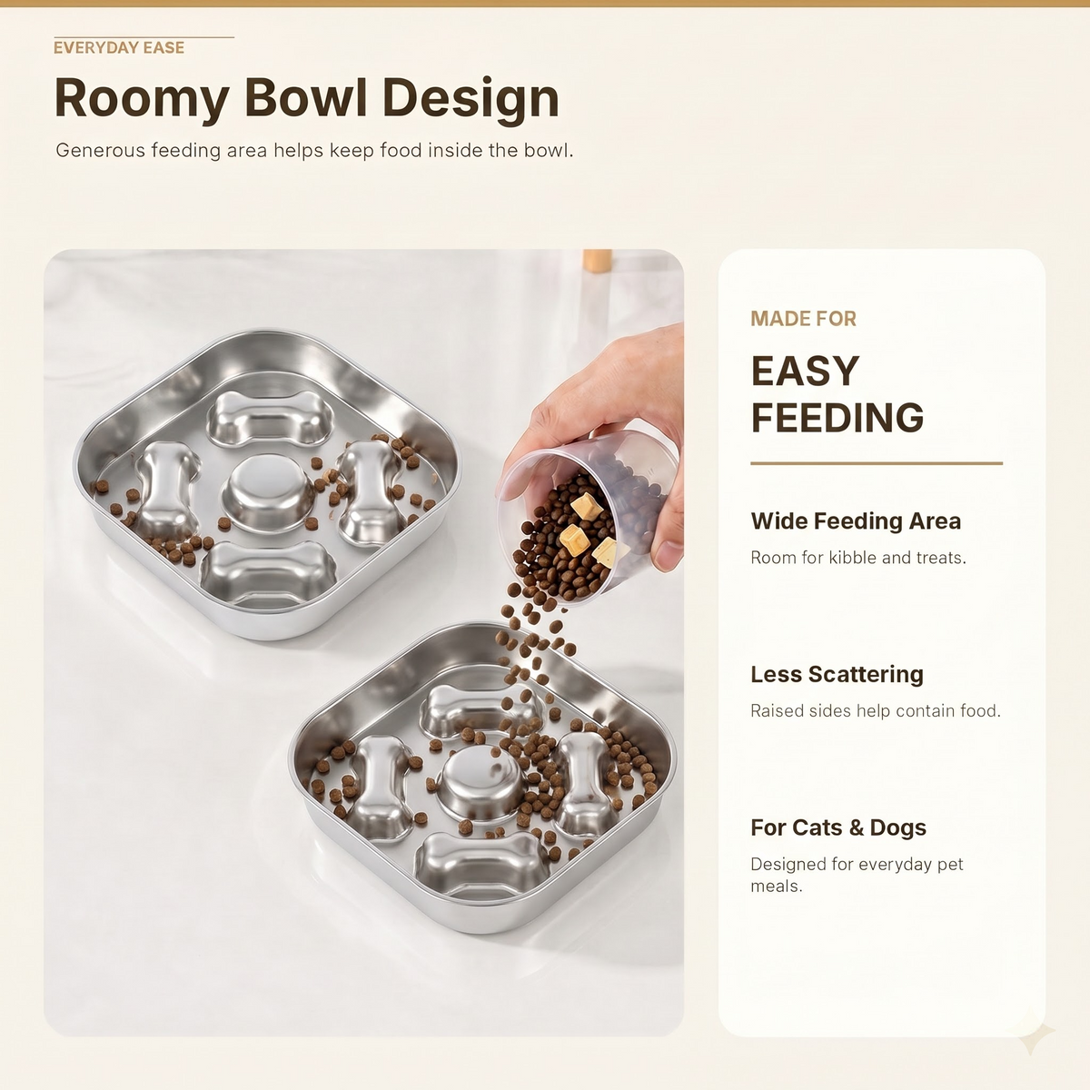 22 cm Bone Design Square Slow Feeder Dog Bowl, 304 Stainless Steel